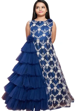 Embroidered Net Ruffled Gown in Navy Blue