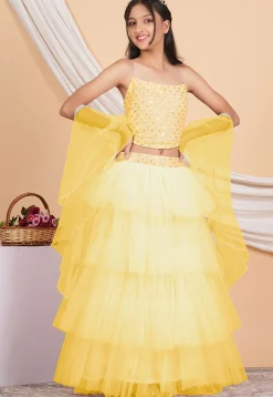 Embroidered Net Ruffled Lehenga in Pastel Yellow