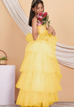Embroidered Net Ruffled Lehenga in Pastel Yellow