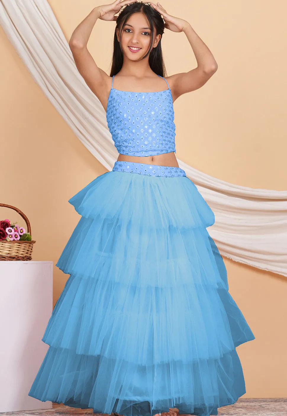 Embroidered Net Ruffled Lehenga in Pastel Blue