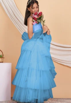 Embroidered Net Ruffled Lehenga in Pastel Blue