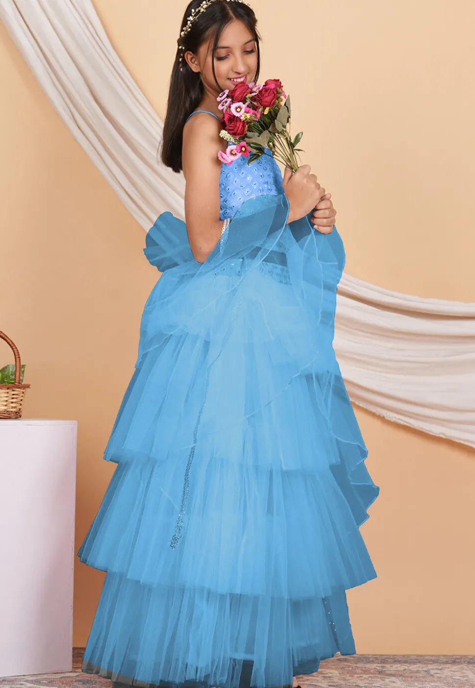 Embroidered Net Ruffled Lehenga in Pastel Blue