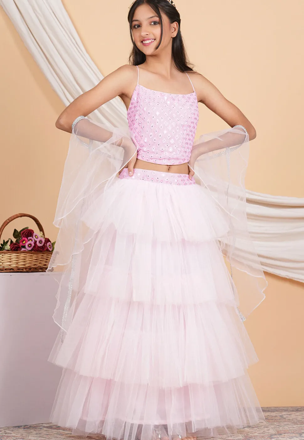 Embroidered Net Ruffled Lehenga in Baby Pink