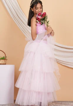Embroidered Net Ruffled Lehenga in Baby Pink