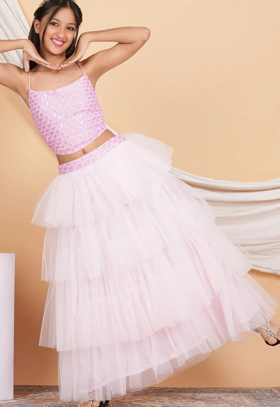 Embroidered Net Ruffled Lehenga in Baby Pink