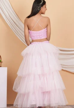 Embroidered Net Ruffled Lehenga in Baby Pink