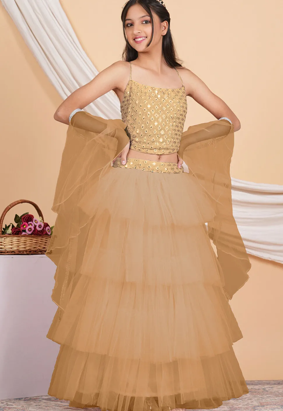 Embroidered Net Ruffled Lehenga in Beige