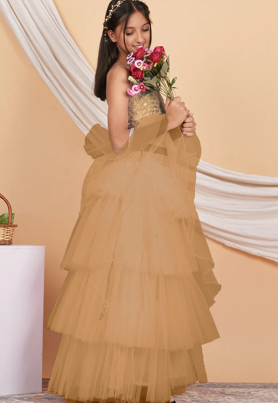 Embroidered Net Ruffled Lehenga in Beige