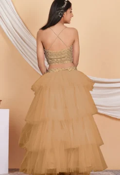 Embroidered Net Ruffled Lehenga in Beige