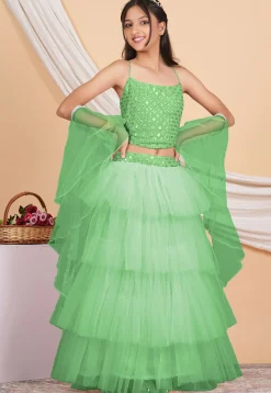 Embroidered Net Ruffled Lehenga in Pastel Green