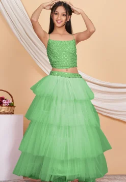 Embroidered Net Ruffled Lehenga in Pastel Green
