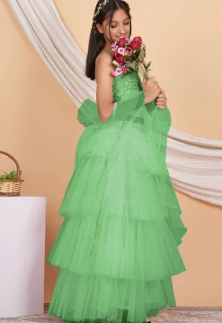 Embroidered Net Ruffled Lehenga in Pastel Green