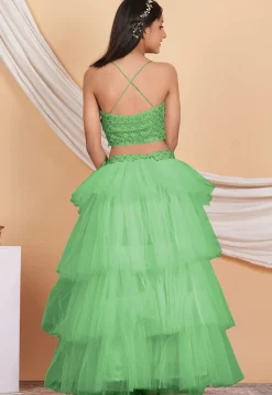 Embroidered Net Ruffled Lehenga in Pastel Green