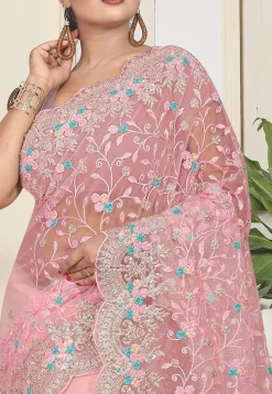 Embroidered Net Saree in Baby Pink