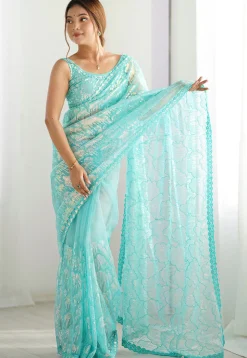 Embroidered Net Saree in Sky Blue