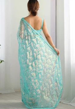 Embroidered Net Saree in Sky Blue