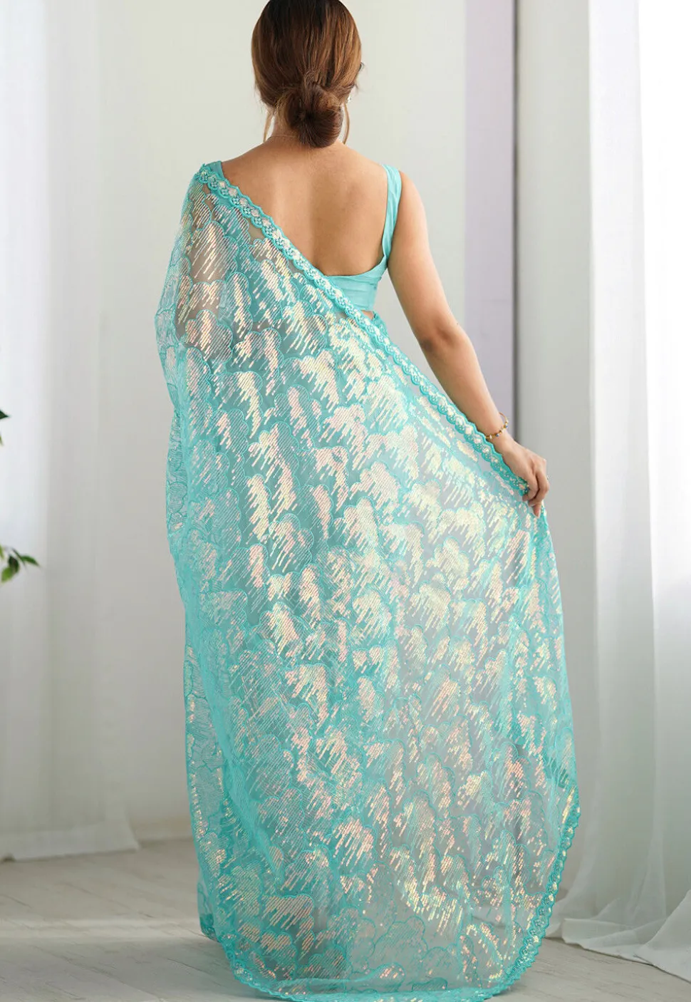 Embroidered Net Saree in Sky Blue