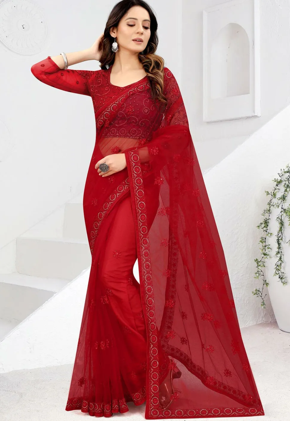 Embroidered Net Saree in Red