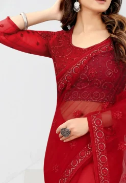 Embroidered Net Saree in Red