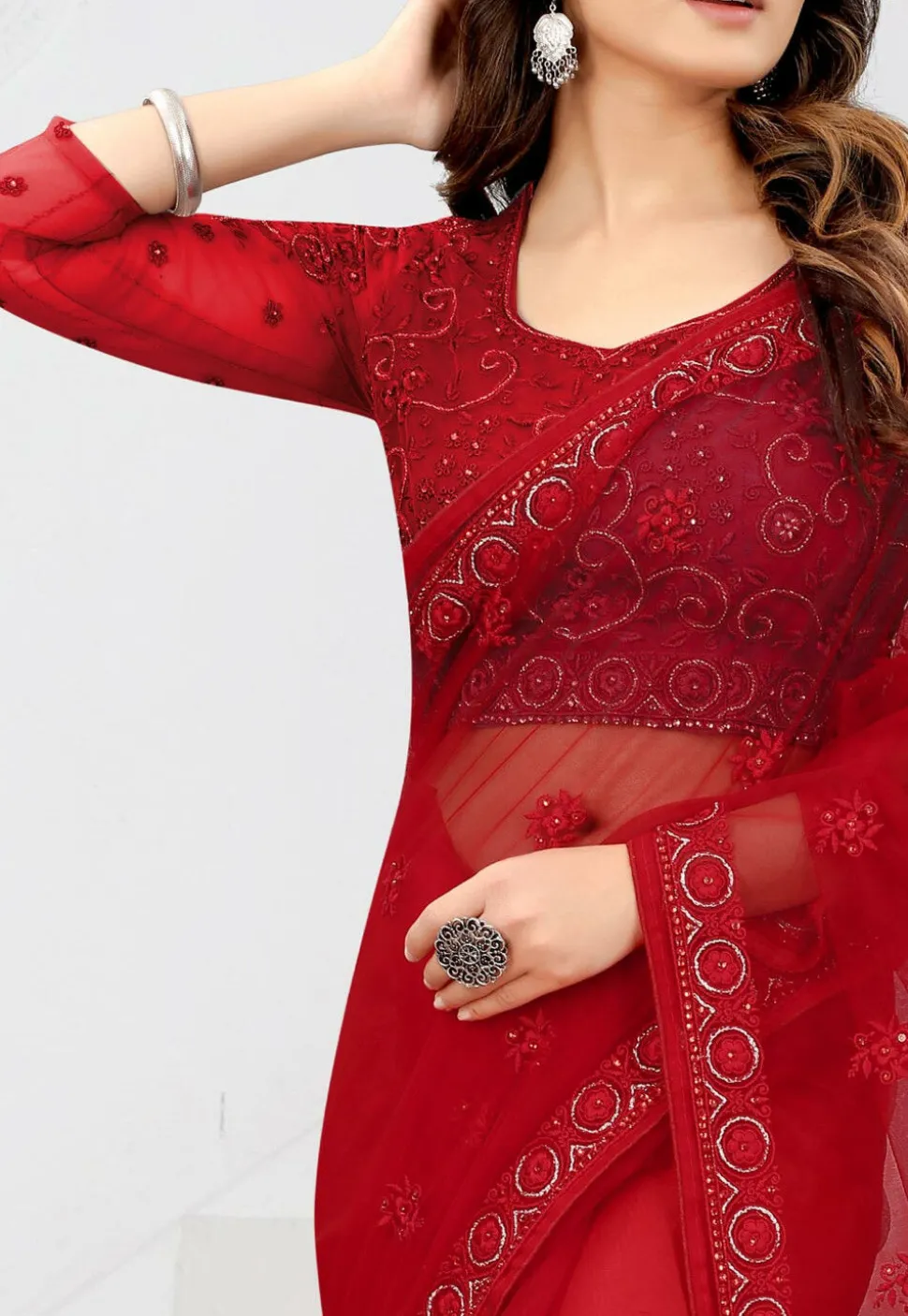 Embroidered Net Saree in Red