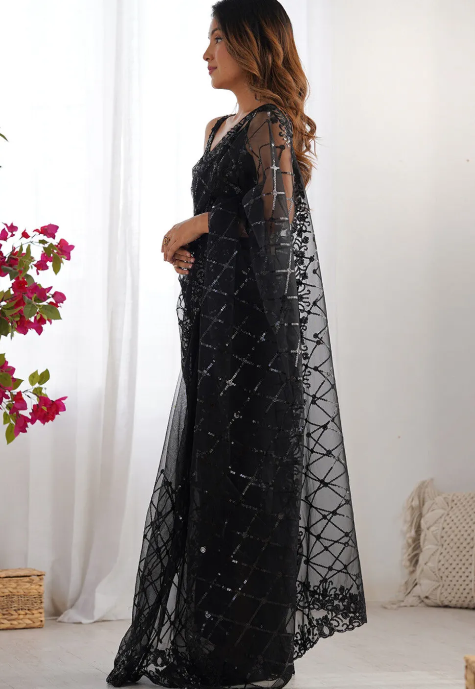 Embroidered Net Saree in Black