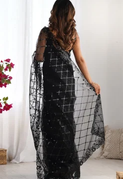 Embroidered Net Saree in Black