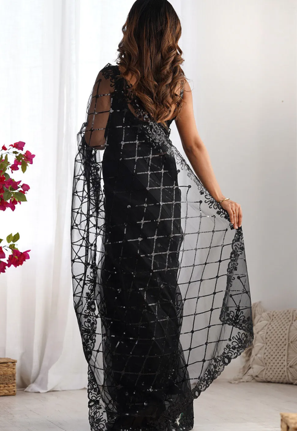 Embroidered Net Saree in Black