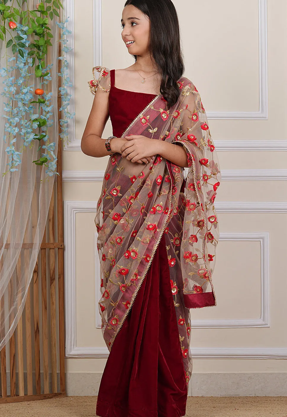 Embroidered Net Saree in Beige and Maroon