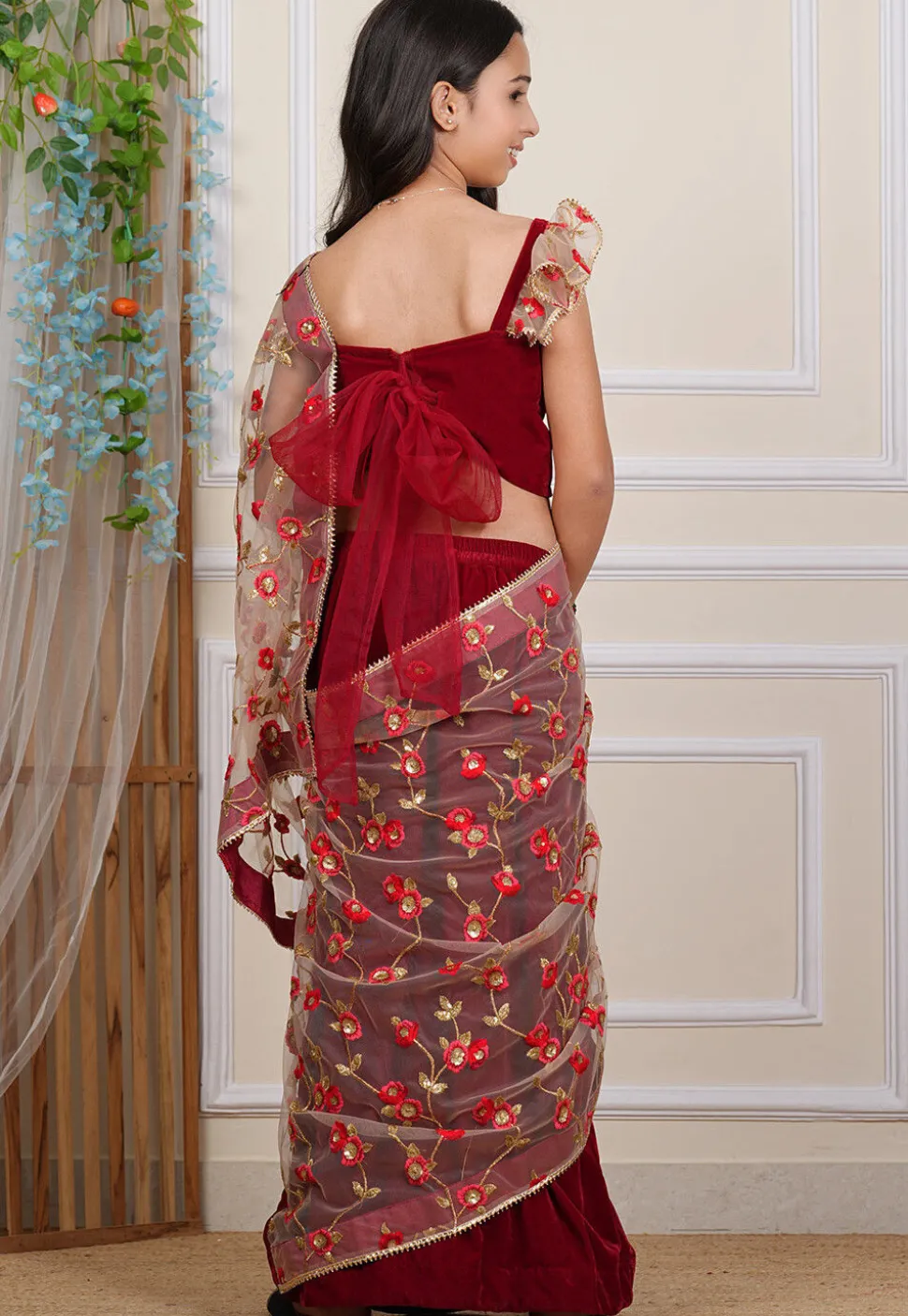 Embroidered Net Saree in Beige and Maroon