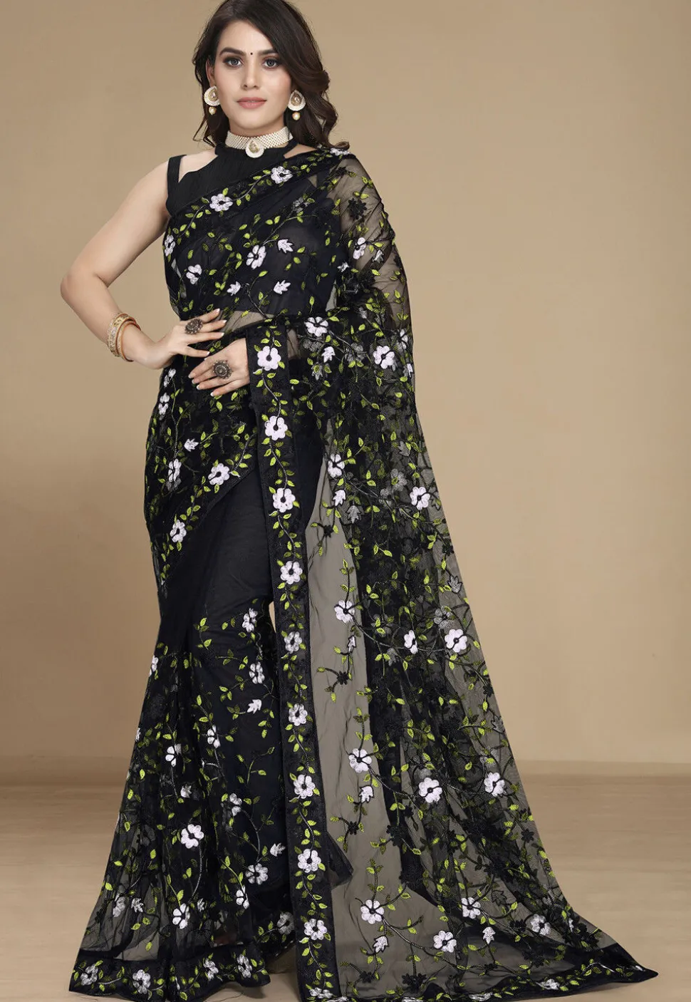 Embroidered Net Saree in Black