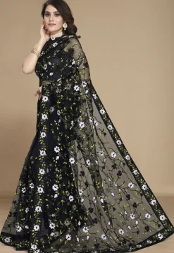 Embroidered Net Saree in Black