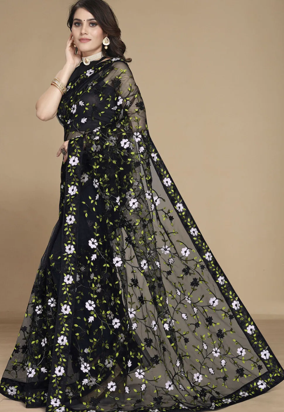 Embroidered Net Saree in Black
