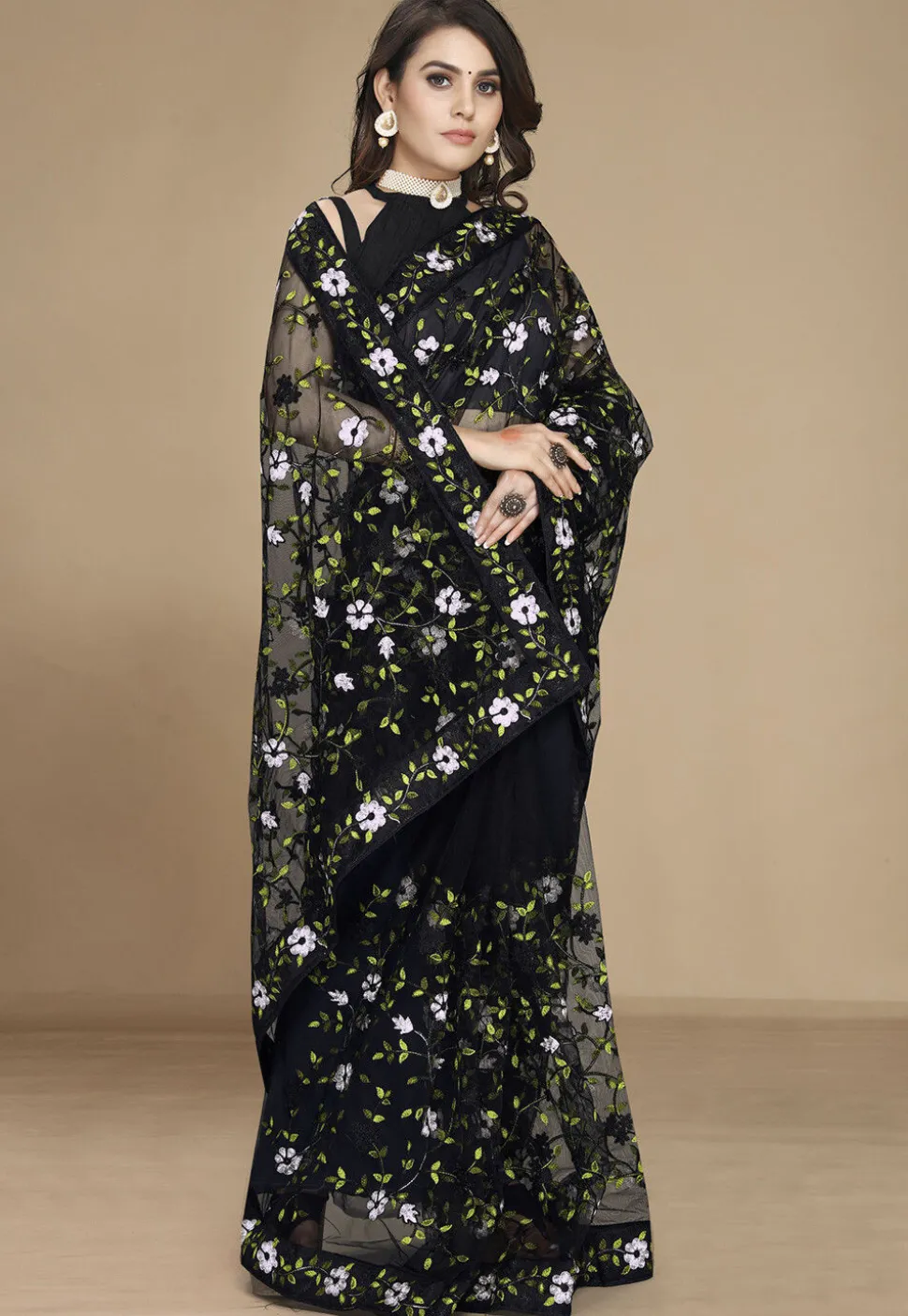 Embroidered Net Saree in Black