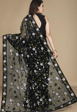 Embroidered Net Saree in Black