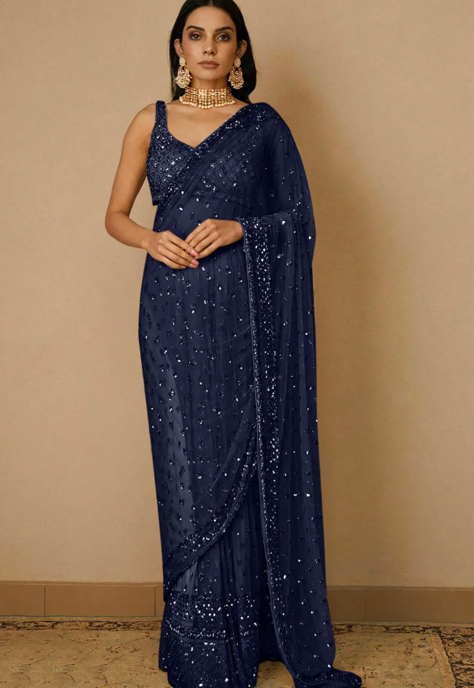 Embroidered Net Saree in Navy Blue