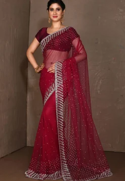 Embroidered Net Saree in Red