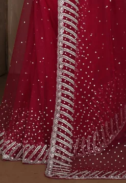 Embroidered Net Saree in Red