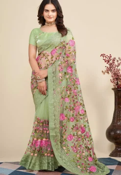 Embroidered Net  Saree in Dusty Green