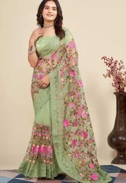 Embroidered Net  Saree in Dusty Green