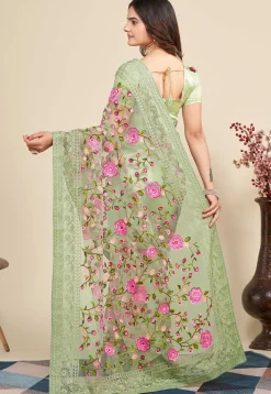 Embroidered Net  Saree in Dusty Green