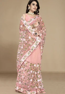 Embroidered Net Saree in Peach