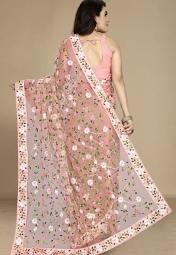 Embroidered Net Saree in Peach