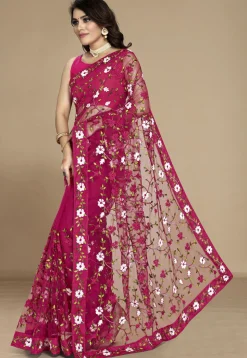 Embroidered Net Saree in Fuchsia