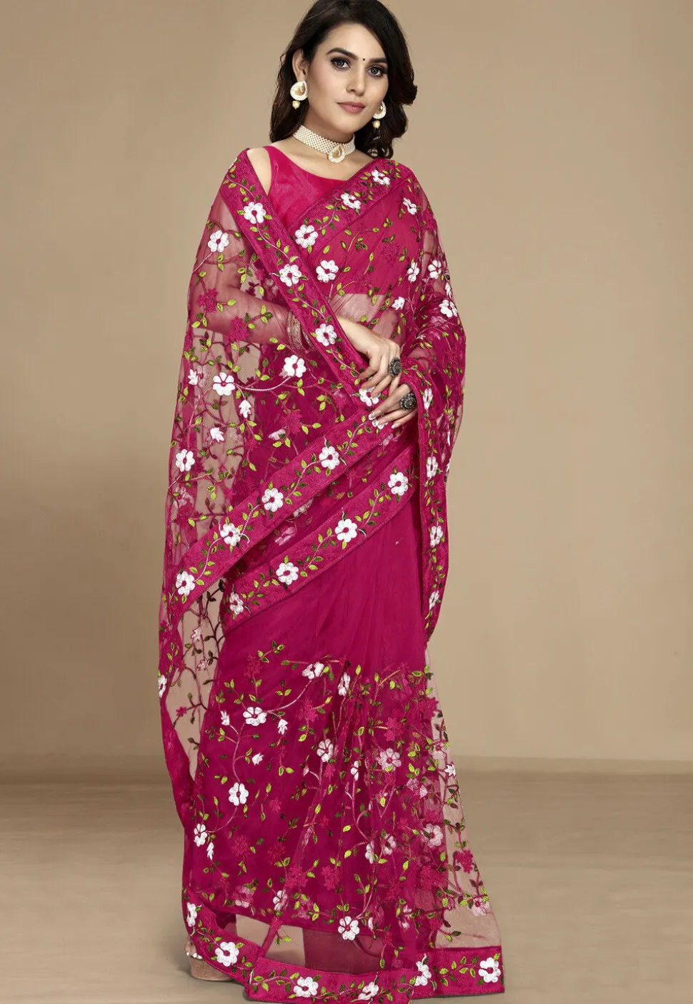 Embroidered Net Saree in Fuchsia