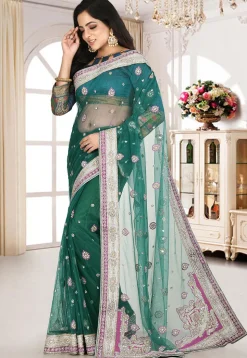 Embroidered Net Saree in Teal Green