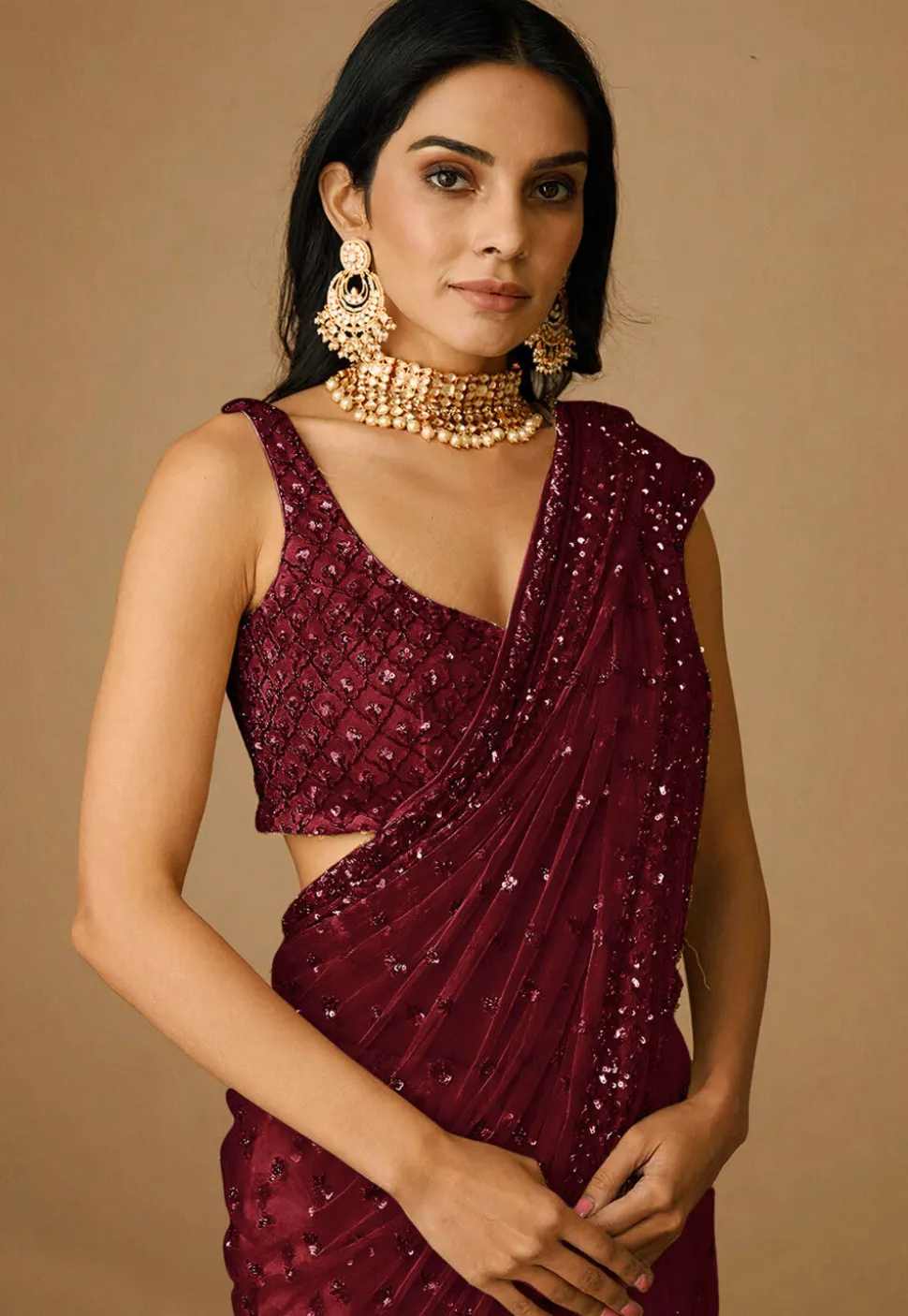 Embroidered Net Saree in Maroon