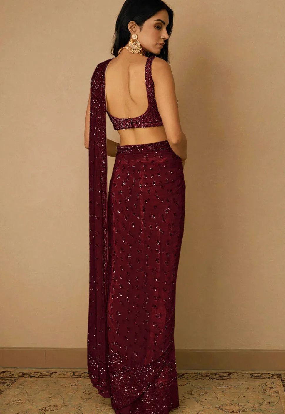 Embroidered Net Saree in Maroon