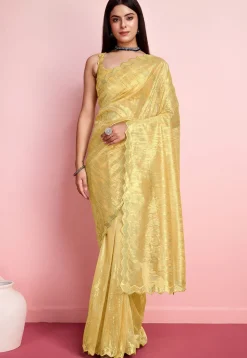 Embroidered Net Saree in Yellow