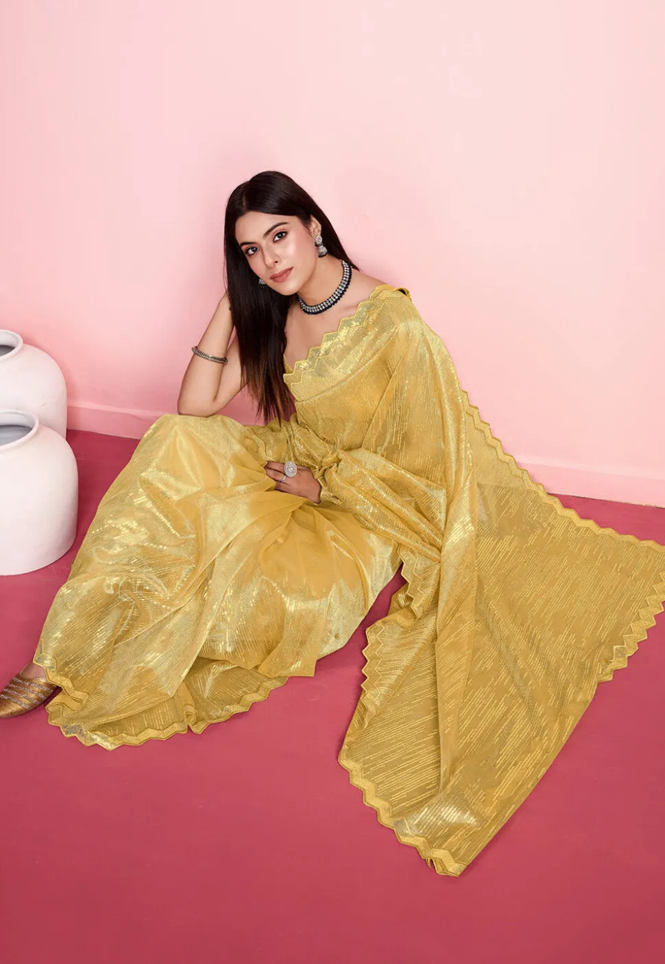Embroidered Net Saree in Yellow
