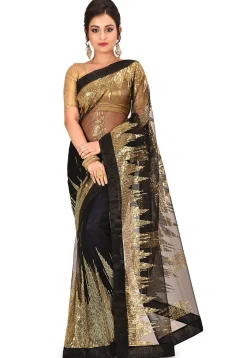 Embroidered Net Saree in Black